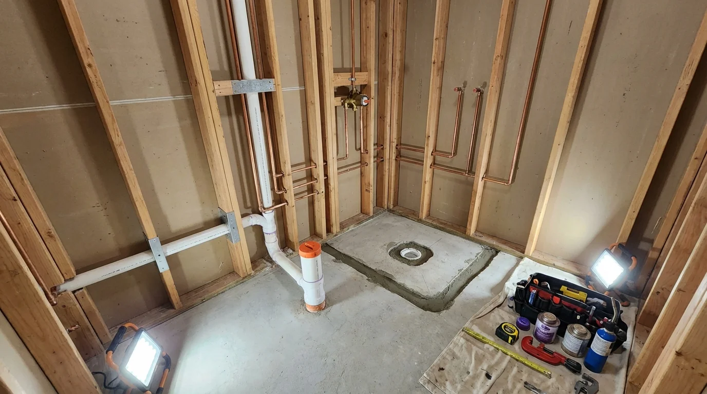 Bathroom rough-in plumbing during remodel by Johns Plumbing LLC in Wofford Heights