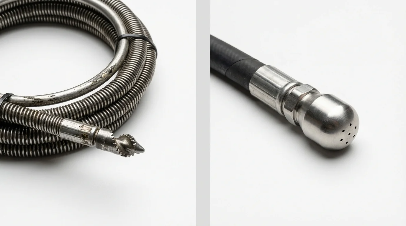 Drain snake cable and hydro jetting nozzle used for drain cleaning in Wofford Heights, CA