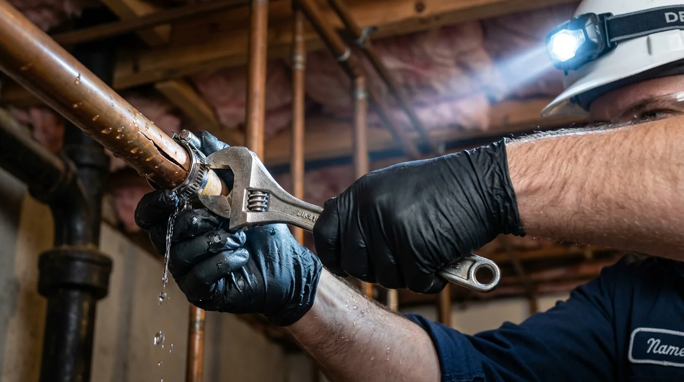 Emergency pipe clamp repair being performed by a Johns Plumbing LLC plumber in Wofford Heights