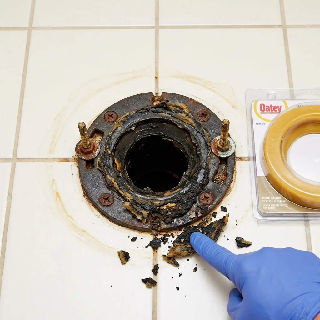 Failed wax ring showing water seepage at the base of a toilet in a Wofford Heights, CA home