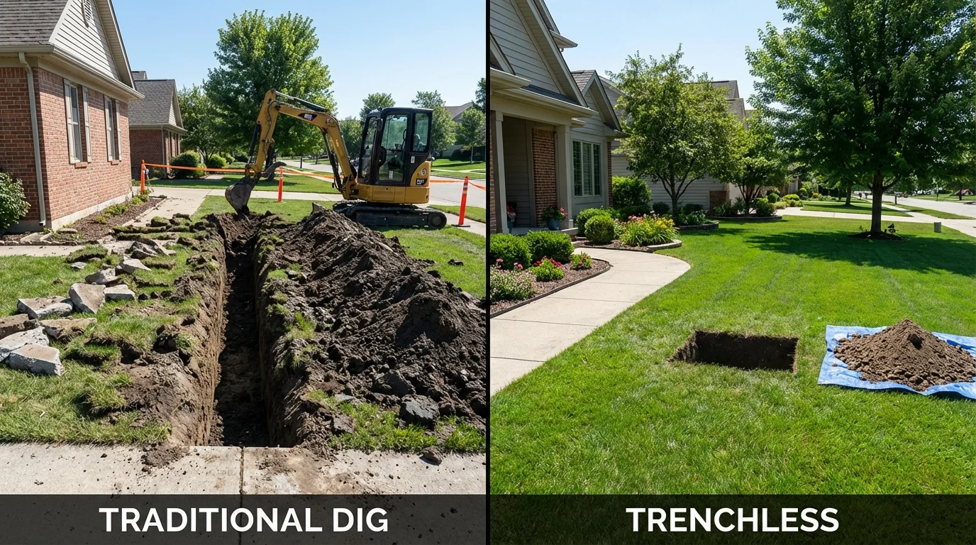 Trenchless sewer repair with minimal yard damage versus traditional excavation in Wofford Heights, CA