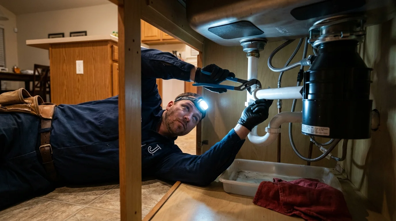 P-trap and supply line connections under a kitchen sink showing a common leak point in Wofford Heights, CA